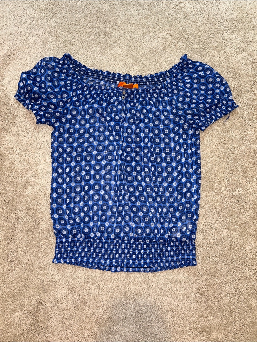 Joe Fresh Blue Printed Smocked-Waist Peasant Top